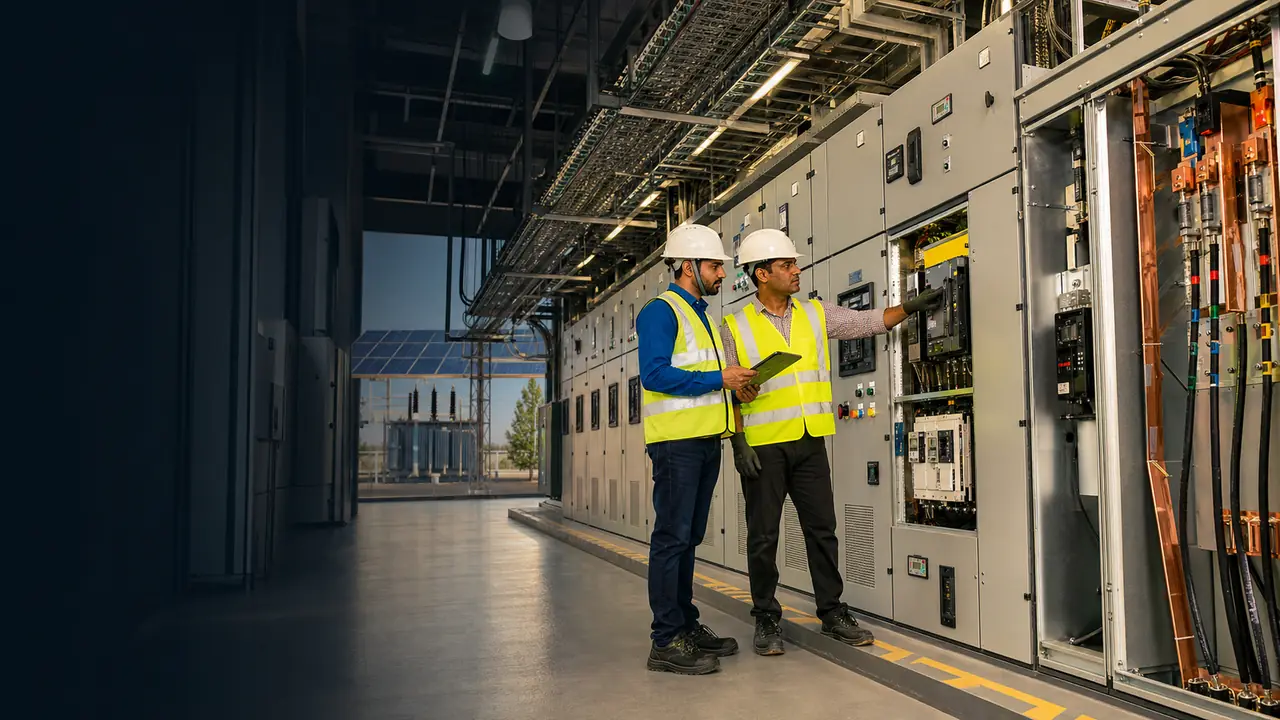 Electrical engineers inspecting industrial HT LT panels
